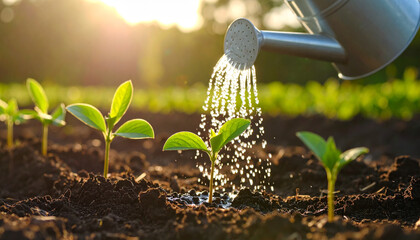 Young green seedling growing in fertile soil under sunlight