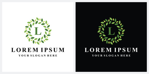 Initial letter L green leaves nature, symbol vector icon of beauty salon and wedding 