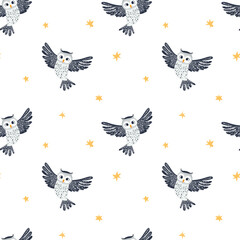 Cute seamless pattern with gray owls and stars in cartoon style. Creative vector childish background for fabric, textile or wrapping paper.