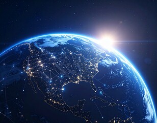 Obraz premium Realistic photo of Earth from space, showcasing the planet's blue atmosphere and cloud formations against the dark backdrop of space. Concept of planet Earth and space