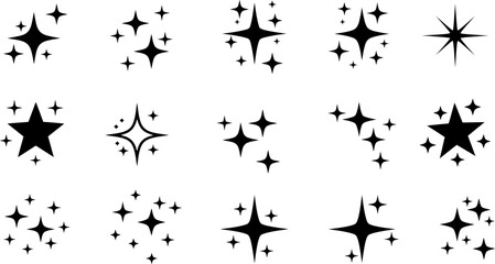 Naklejka premium A diverse collection of black star and sparkle icons, featuring various shining and twinkling effects for creative design.
