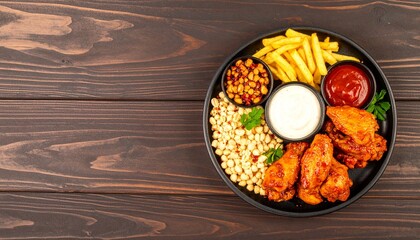 Delicious Fried Chicken Wings with Sides on a Wooden Table