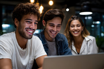 Diverse Team of Business Professionals Collaborating and Discussing Ideas in a Modern Office Space at Night