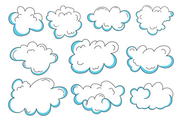 Set of different clouds vector illustration. Cartoon cloud icon black line. Blue sky with white clouds. Weather climate symbol. Computing cloud storage logo. Retro empty comic speech bubbles