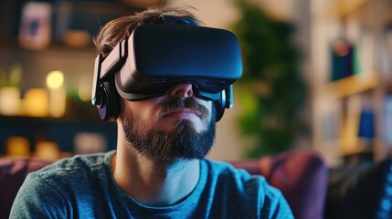 Immersive Virtual Reality Experience: Man Using VR Headset at Home