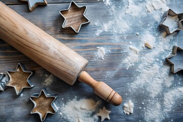 Wooden rolling pin and star-shaped cookie cutters on a floured rustic wooden surface during festive cookie preparation with traditional baking tools