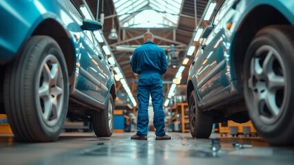 A mechanic inspects vehicles in an automotive repair shop with cars parked on either side - Powered by Adobe