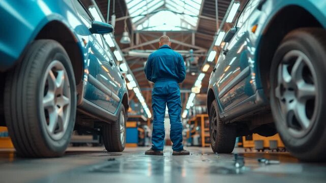 A mechanic inspects vehicles in an automotive repair shop with cars parked on either side