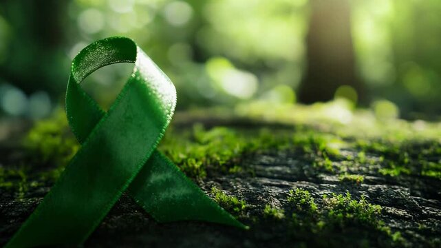 Green ribbon supporting mental health awareness lying on mossy tree trunk in forest