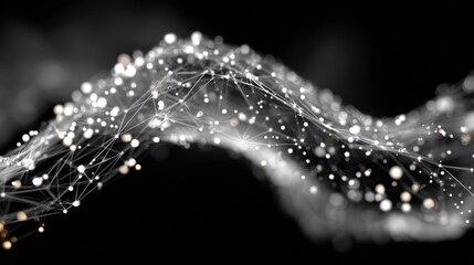 Abstract wave of interconnected glowing nodes and lines against a black background