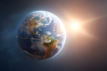Obraz premium 3D cartoon planet Earth with sun in the background, vector illustration, wide-angle lens, high resolution, super-realistic,
