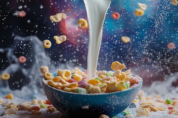 Splashing milk over colorful cereal in a blue bowl with cosmic background