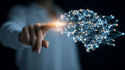 Businesswoman hand interacting with digital neural network and artificial intelligence interface, symbolizing big data, future innovation, cyberspace, machine learning, and modern technology