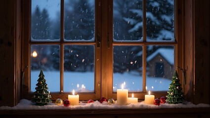 Photo of a cozy christmas scene with candles and ornaments on a snowcovered windowsill, looking out to a snowy village at night, creating a warm and festive holiday atmosphere