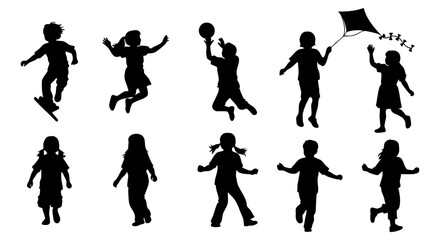 Vector art of children silhouettes playing and jumping isolated on transparent background