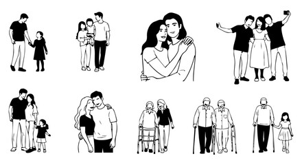 Vector art of diverse family groups and couples, from young children to elderly seniors, isolated on transparent background