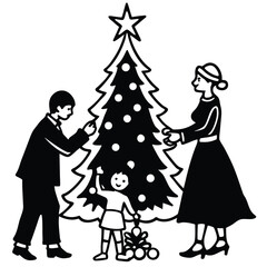 Black and white silhouette of a family decorating a christmas tree together isolated on white background isolated on transparent background