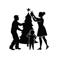 Family silhouette decorating a christmas tree together with ornaments and star on white background isolated on white background isolated on transparent background