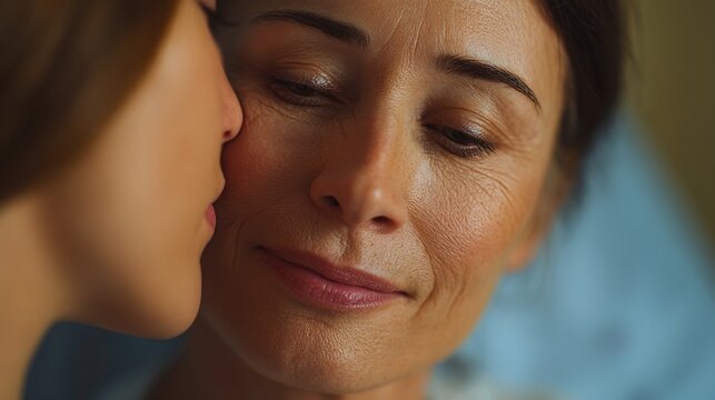 Gentle Whisper of Affection: A tender moment shared between a mother and daughter, where a loving embrace speaks volumes, showcasing a soft, skin and the intimacy of their connection. - Powered by Adobe