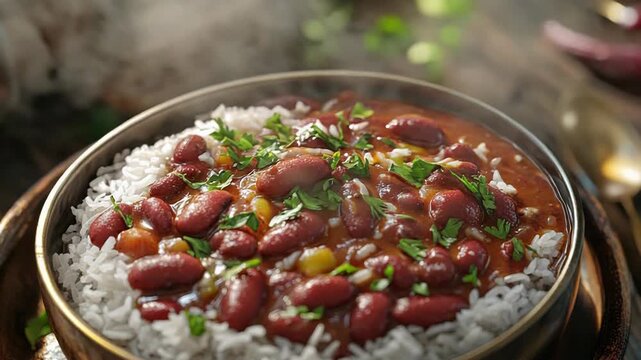 Steaming bowl of red beans and rice garnished with fresh parsley