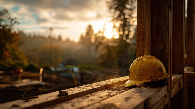 Labor Day morning still: helmet rests in sunlit carpentry frame

