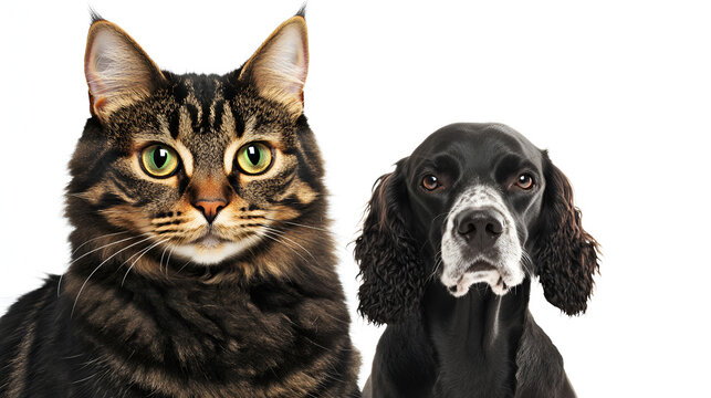A close-up portrait of a brown tabby cat and a black and white dog looking directly at the camera.