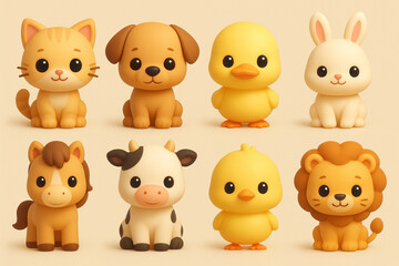 Adorable 3D Baby Animal Icons Set – Cat, Dog, Duck, Bunny & More in Playful Style