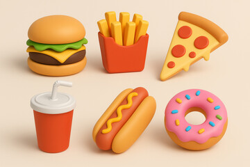 3D Fast Food Icons Set – Burger, Fries, Pizza & More in Minimalist Style