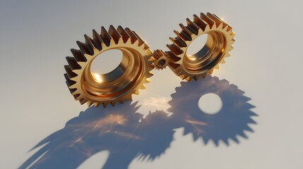 Two golden gears interlocked, casting shadows.