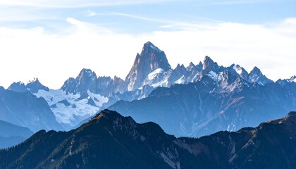 Panoramic view of a majestic snow-capped mountain range under a clear sky