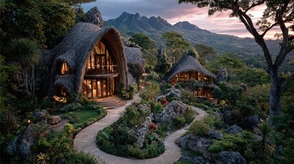 Tropical villas nested in lush, mountainous landscape under a dusky sky