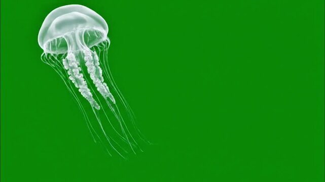 A translucent jellyfish with detailed tentacles floating against a green screen background, ideal for animation, compositing, or underwater-themed effects.