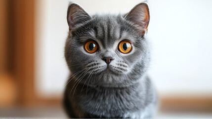 Close-up portrait of a gray British Shorthair cat, looking directly at the camera with large, expressive eyes.
