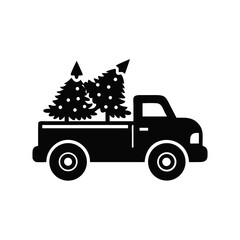 Classic black silhouette pickup truck carrying christmas trees isolated on white background isolated on transparent background