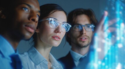 Digital Insight: A team of focused professionals collaborates, peering into a luminous digital interface, signifying innovation, technology, and the future. 