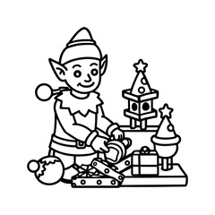 A cheerful cartoon elf is busy wrapping presents with ribbons and bows for christmas isolated on white background isolated on transparent background