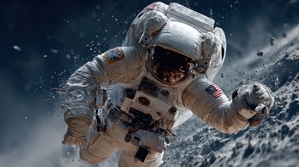 Astronaut floating near a rocky surface, spacesuit detailed, deep space scenery
