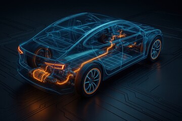 Naklejka premium Electrified Car Design: A futuristic look into the inner workings of an electric car, showcasing its intricate systems and technological innovation.