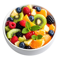 Obraz premium colourful fruit bowl with fresh sliced kiwi, berries, and oranges isolated on white and transparent background.