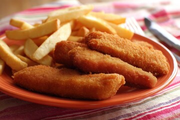 A vibrant orange plate overflows with golden-brown fish fingers and crispy fries, set on a colorful striped tablecloth, creating an appetizing and inviting scene