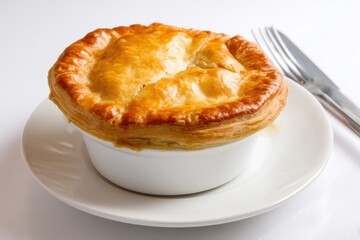 A perfectly baked golden-brown puff pastry sits atop a white dish, alongside a neatly arranged fork and knife on a pristine white table setting