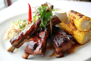 Juicy glazed ribs with fresh greens, accompanied by grilled corn and creamy slaw on a white plate, showcasing a rich blend of textures and flavors