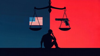 A silhouette of a man sits beneath a scale with the american flag on one side and a handgun on the other against a blue and red background, representing the dilemma between freedom and gun control