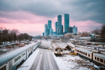 Cityscape with snowy train wreck in foreground, towering skyscrapers in background under a dramatic pink and gray sky