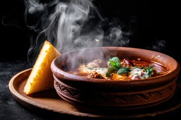 A vibrant clay bowl of steaming stew with fresh herbs and a side of toasted bread, set against a dark background, exuding warmth and flavor