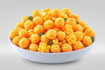 A white bowl filled with vibrant orange cheese balls, yellow corn kernels, and parsley, creating a colorful and appetizing snack mix on a plain background