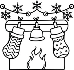 Fototapeta premium Festive christmas fireplace with hanging stockings and holiday decorations isolated on white background isolated on transparent background