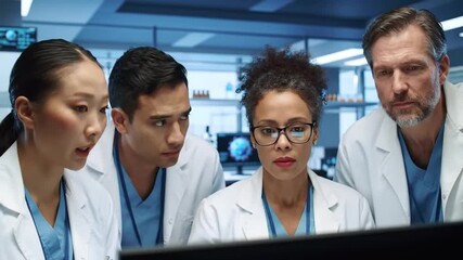 A diverse team of medical professionals collaborates intently, analyzing data on a computer screen within a modern laboratory setting. - Powered by Adobe