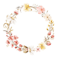 Field wildflowers, berries and herbs. Watercolor floral frame. Hand drawn wreath illustration. Isolated template in pastel beige, pink and yellow tones for summer designs floral kids and baby goods.