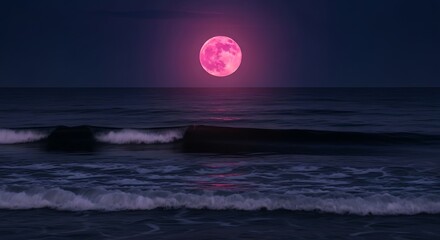 Pink Moon Over Ocean Waves at Night, Reflecting Light on Water